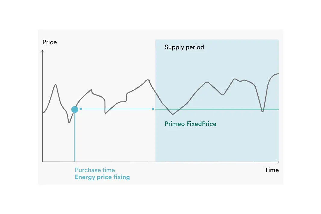 With Primeo FixedPrice, you fix the energy price at the time of purchase for the entire delivery period. The diagram shows the time of price fixing and the price development up to the start of delivery. The price remains stable during the delivery period.
