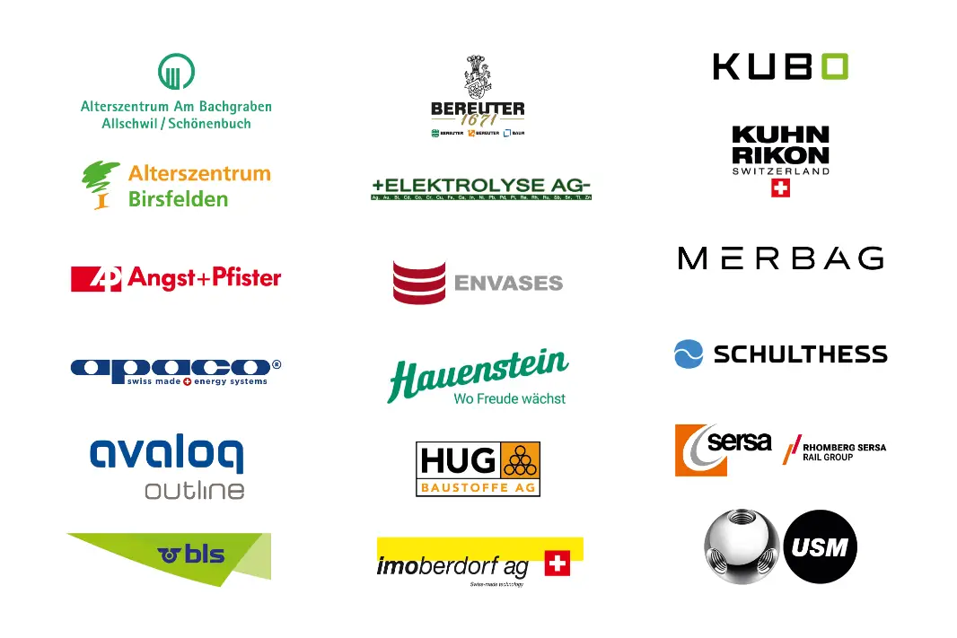 Logos de différentes entreprises, dont Alterszentrum Am Bachgraben, Bereuter, Kubo, Alterszentrum Birsfelden, Elektrolyse AG, Kuhn Rikon, Angst+Pfister, Envases, Merbag, Apaco, Hauenstein, Schulthess, Avaloq, Hug Baustoffe AG, Sersa, BLS, Imoberdorf AG et USM.