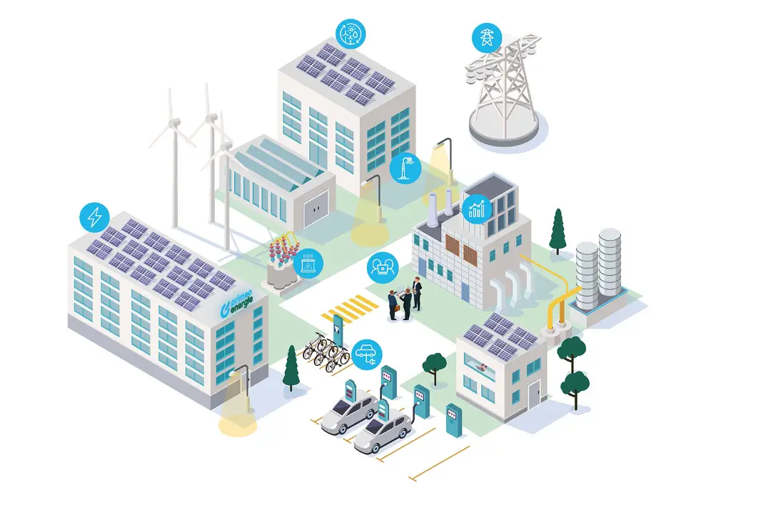 L'illustration montre une zone industrielle moderne axée sur les énergies renouvelables et la durabilité.
