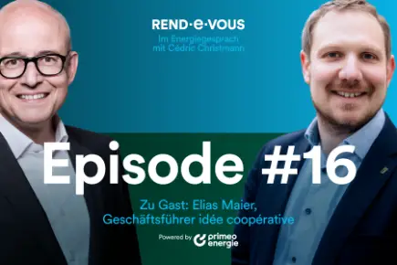 Werbebanner für die 16. Episode des Podcasts 'REND-e-VOUS – Im Energiegespräch mit Cédric Christmann' mit Porträts von Moderator Cédric Christmann und Gast Elias Meier, Geschäftsführer von idée coopérative.