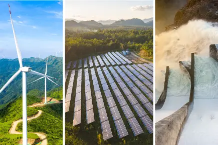 A three-part depiction of renewable energy sources: On the left, wind turbines in a hilly landscape; in the centre, a large field with solar panels, surrounded by forest and mountains in the background; on the right, a hydroelectric power station with roaring water.
