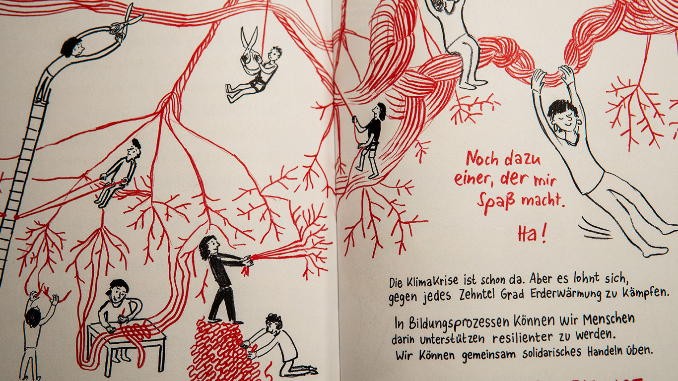 Abbildung mit vielen roten Fäden, die sich zu einem dicken Strang verbinden. Einer davon ist die Bildung.