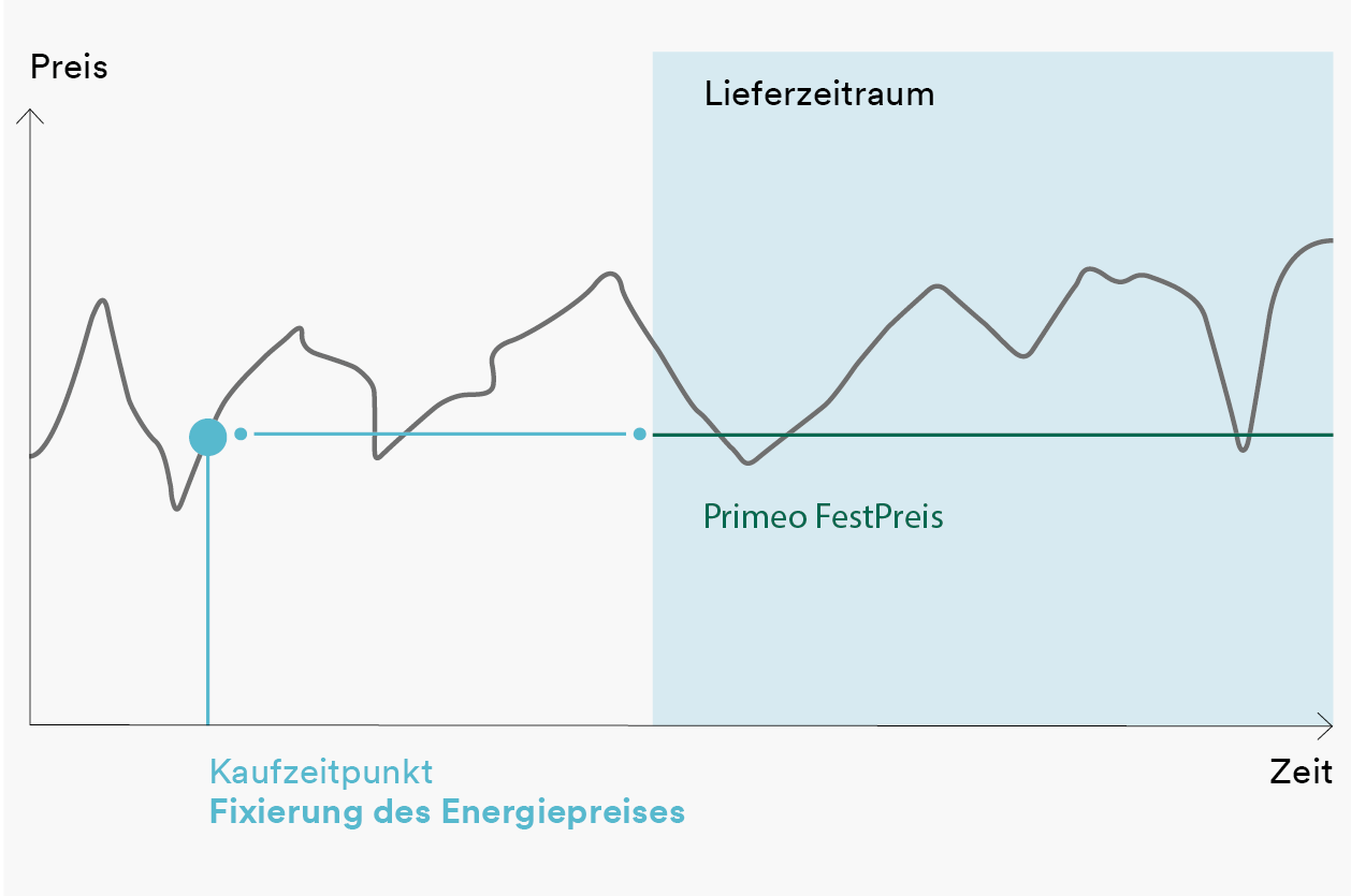 With Primeo FixedPrice, you fix the energy price at the time of purchase for the entire delivery period. The diagram shows the time of price fixing and the price development up to the start of delivery. The price remains stable during the delivery period.